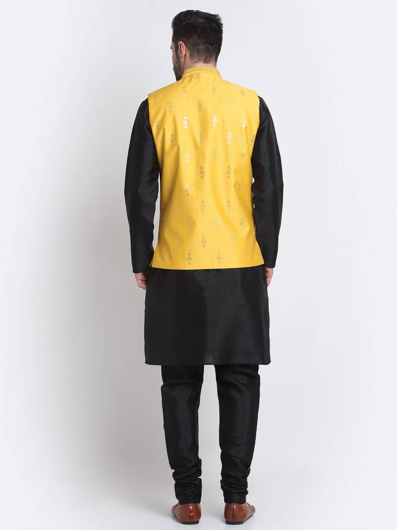 Men Black Kurta & Churidar with Yellow Nehru Jacket