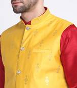 Men Maroon Kurta & Churidar with Yellow Nehru Jacket
