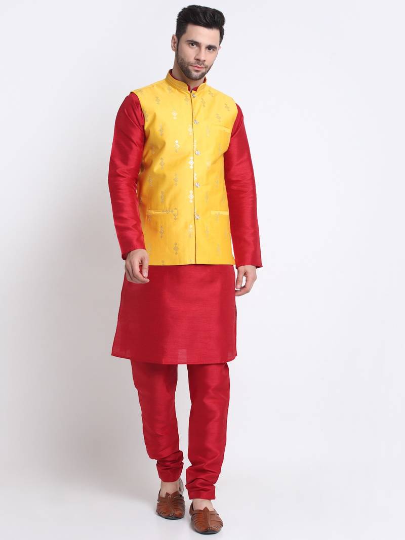 Men Maroon Kurta & Churidar with Yellow Nehru Jacket
