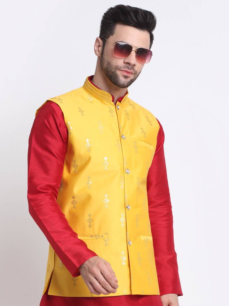 Men Maroon Kurta & Churidar with Yellow Nehru Jacket