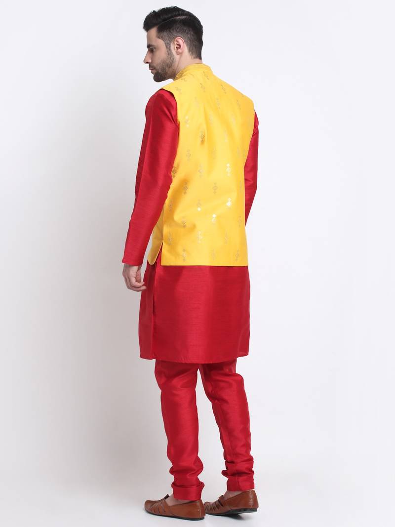 Men Maroon Kurta & Churidar with Yellow Nehru Jacket