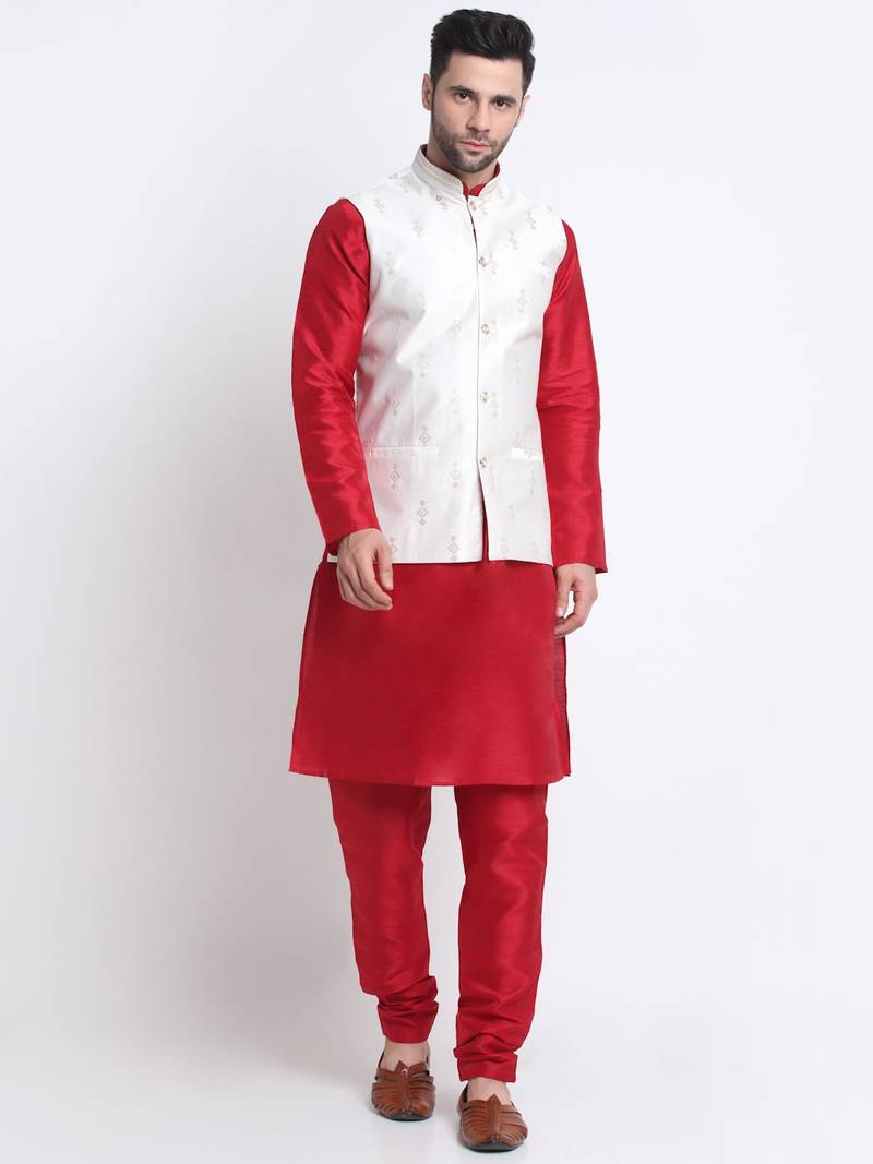 Men Maroon Kurta & Churidar with Cream Nehru Jacket