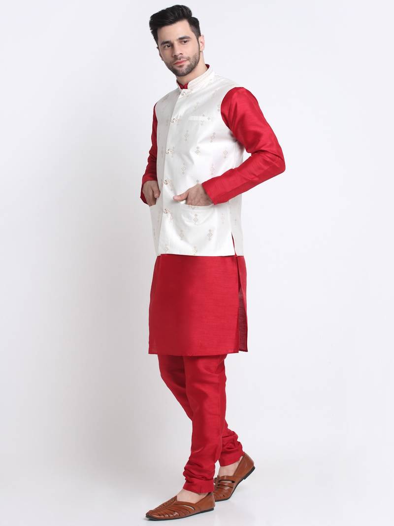 Men Maroon Kurta & Churidar with Cream Nehru Jacket
