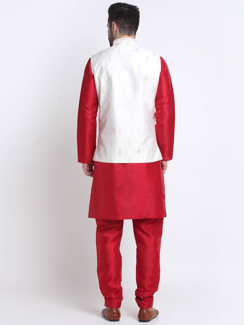 Men Maroon Kurta & Churidar with Cream Nehru Jacket