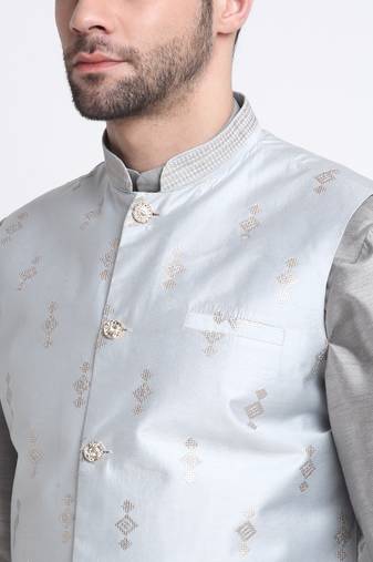 Men Grey Kurta & Churidar with Grey Nehru Jacket