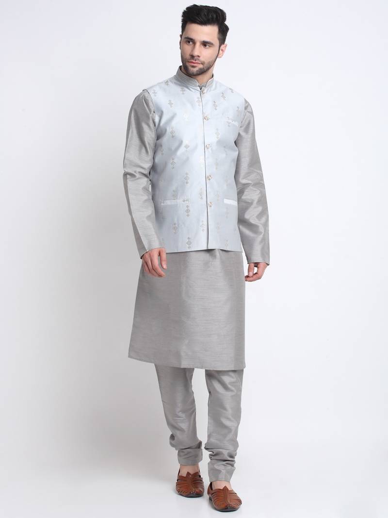 Men Grey Kurta & Churidar with Grey Nehru Jacket