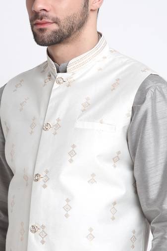 Men Grey Kurta & Churidar with Cream Nehru Jacket