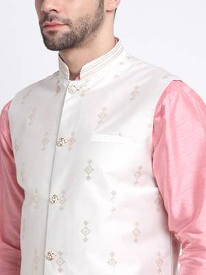 Men Pink Kurta & Churidar with Cream Nehru Jacket 1