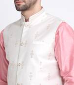 Men Pink Kurta & Churidar with Cream Nehru Jacket