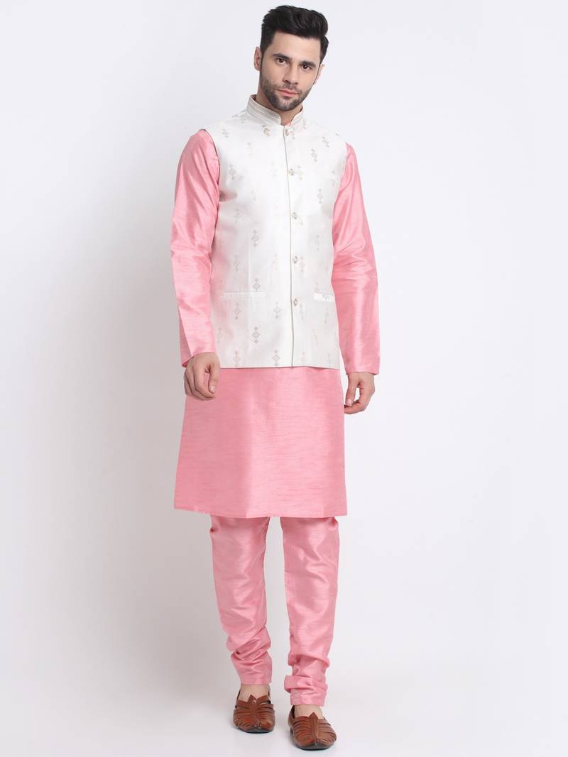 Men Pink Kurta & Churidar with Cream Nehru Jacket
