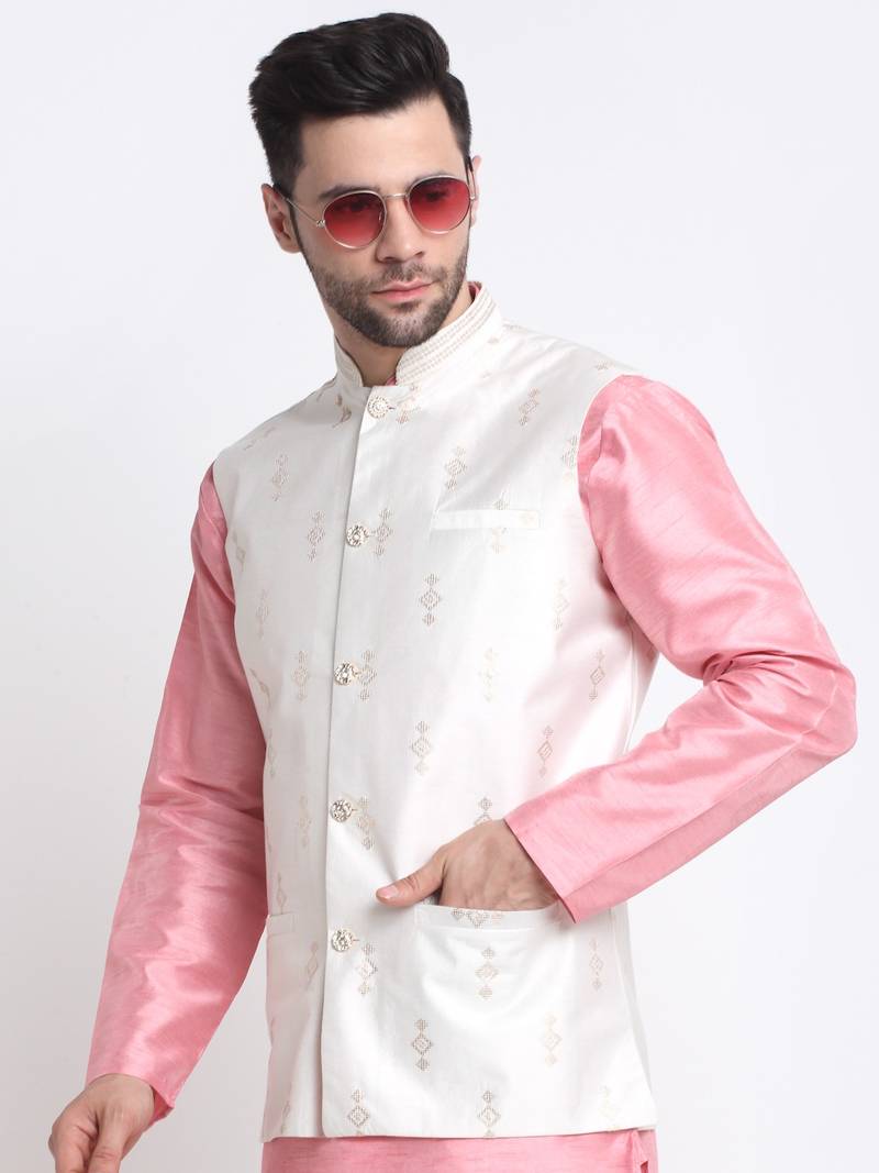 Men Pink Kurta & Churidar with Cream Nehru Jacket