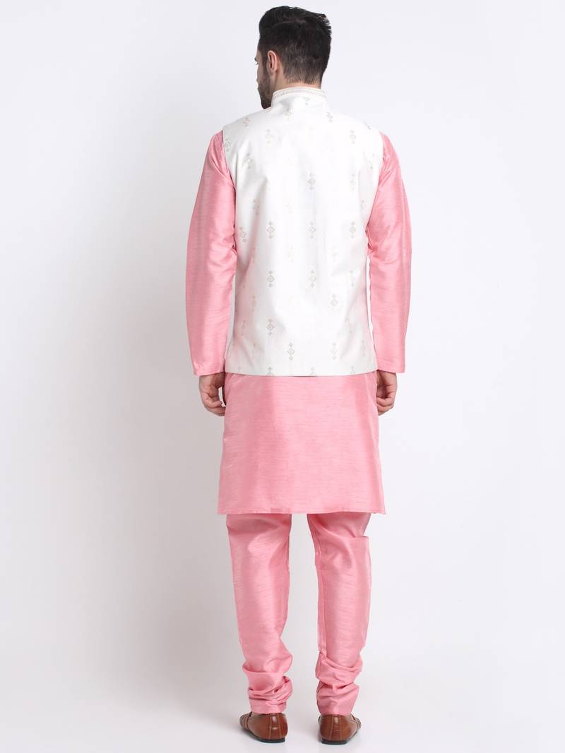 Men Pink Kurta & Churidar with Cream Nehru Jacket