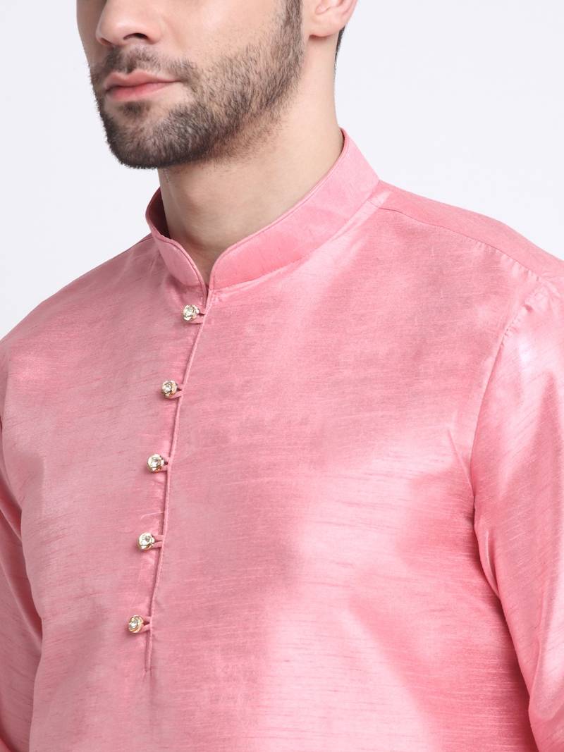Men Pink Kurta & Churidar with Cream Nehru Jacket