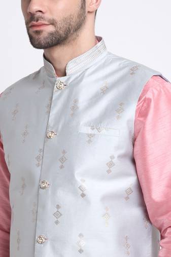 Men Pink Kurta & Churidar with Grey Nehru Jacket