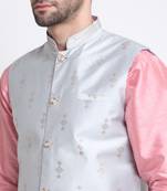 Men Pink Kurta & Churidar with Grey Nehru Jacket