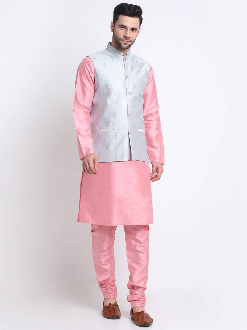 Men Pink Kurta & Churidar with Grey Nehru Jacket