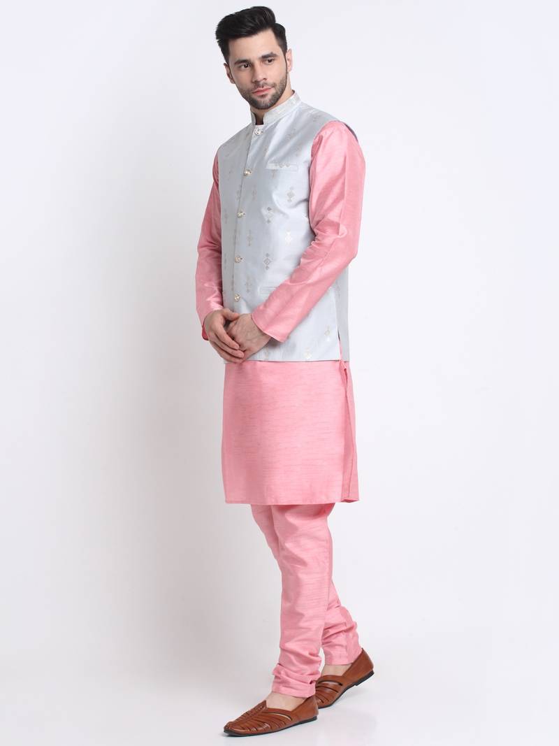 Men Pink Kurta & Churidar with Grey Nehru Jacket
