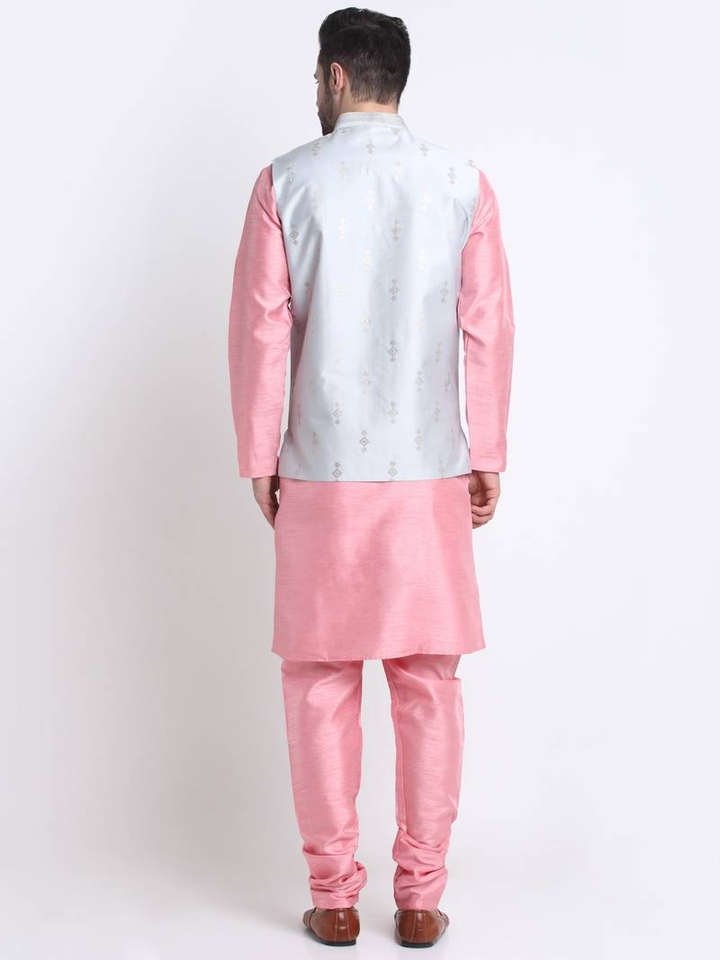 Men Pink Kurta & Churidar with Grey Nehru Jacket