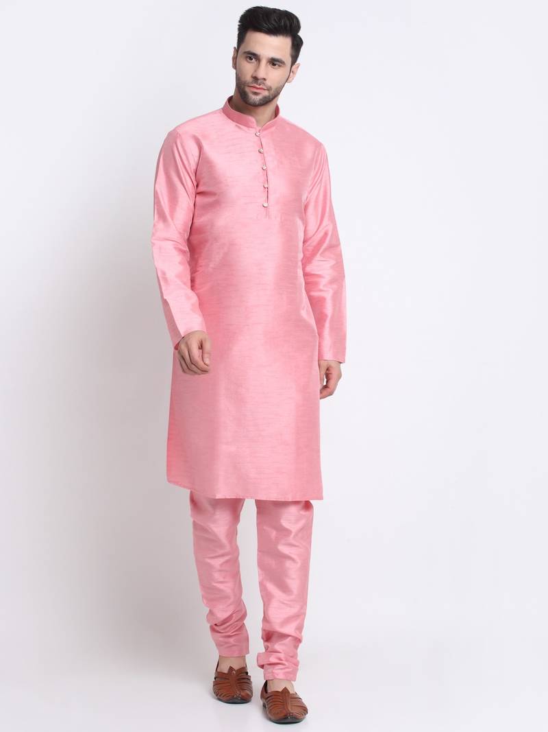 Men Pink Kurta & Churidar with Grey Nehru Jacket