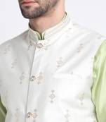 Men Sea Green Kurta & Churidar with Cream Nehru Jacket