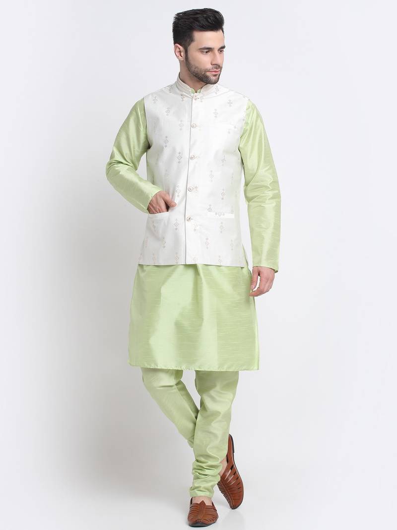 Men Sea Green Kurta & Churidar with Cream Nehru Jacket