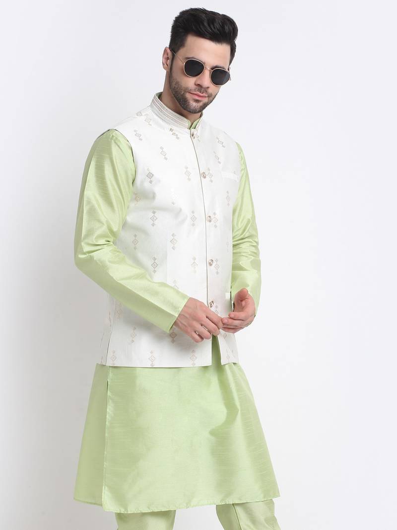 Men Sea Green Kurta & Churidar with Cream Nehru Jacket