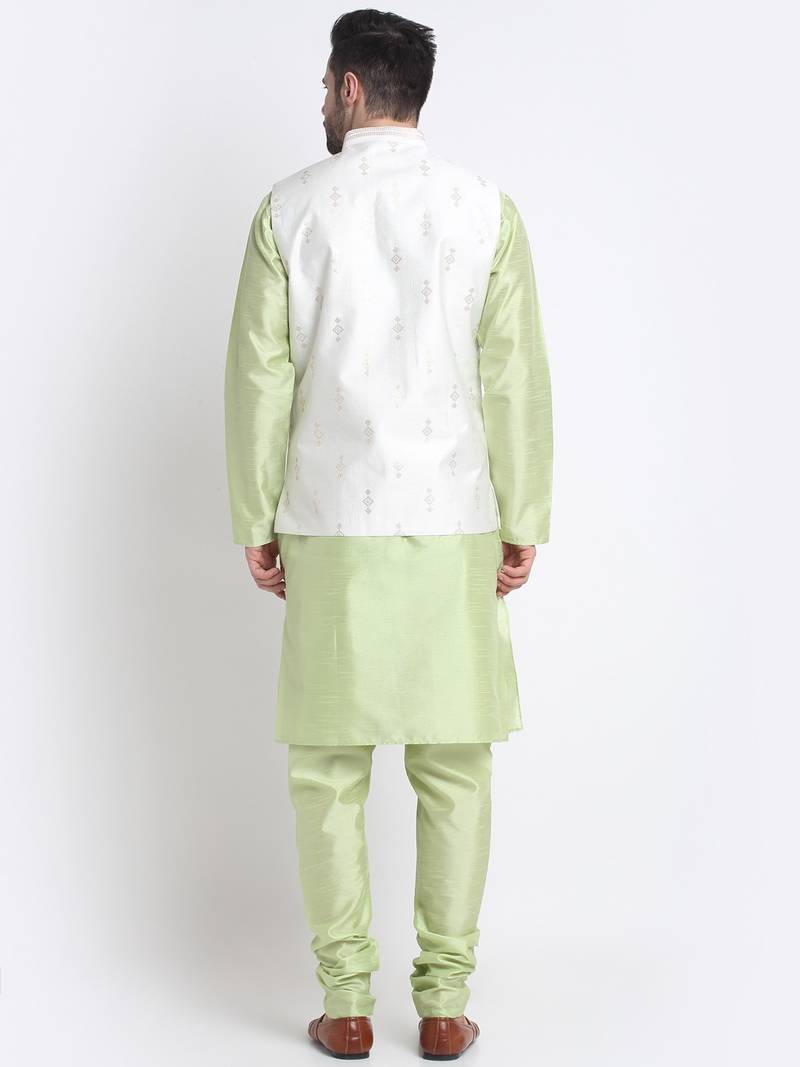 Men Sea Green Kurta & Churidar with Cream Nehru Jacket