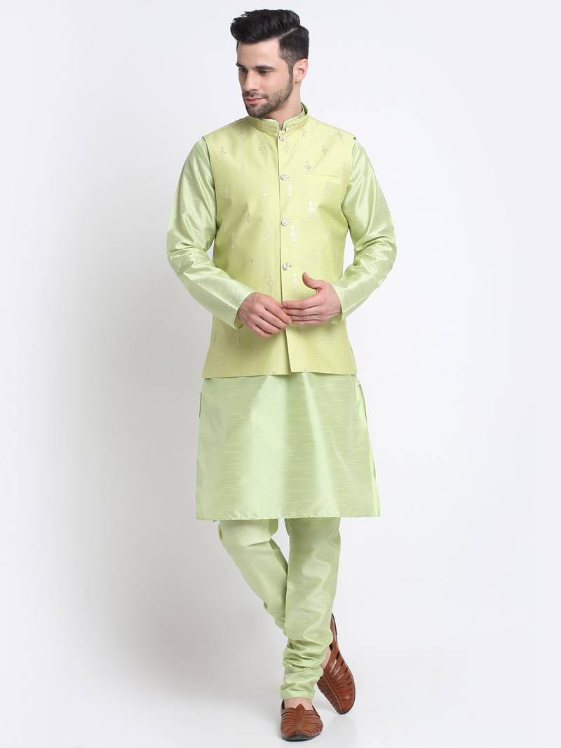 Men Sea Green Kurta & Churidar with Green Nehru Jacket