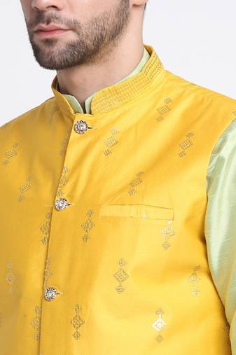 Men Sea Green Kurta & Churidar with Yellow Nehru Jacket