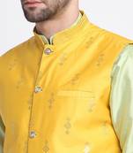 Men Sea Green Kurta & Churidar with Yellow Nehru Jacket