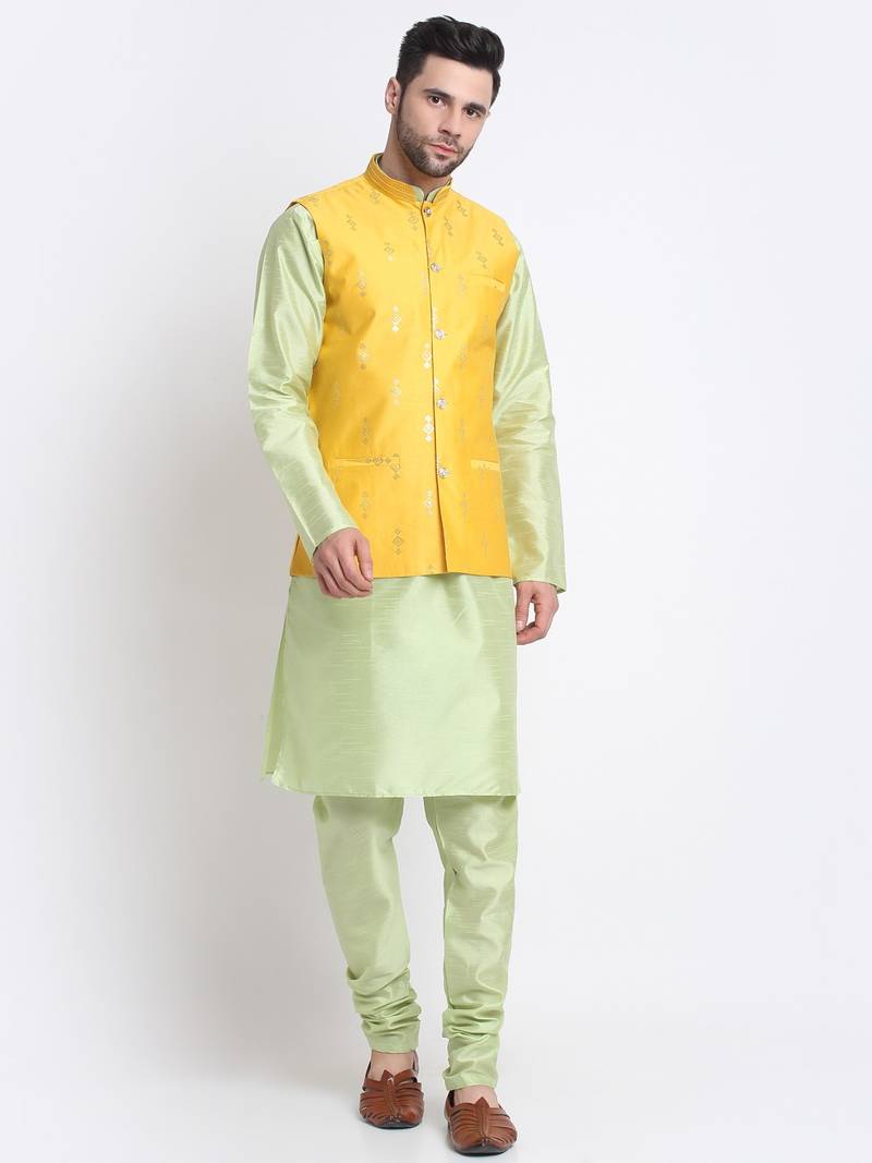 Men Sea Green Kurta & Churidar with Yellow Nehru Jacket