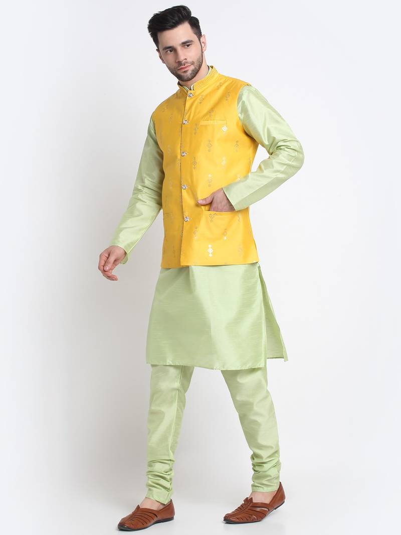 Men Sea Green Kurta & Churidar with Yellow Nehru Jacket