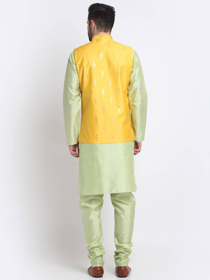 Men Sea Green Kurta & Churidar with Yellow Nehru Jacket