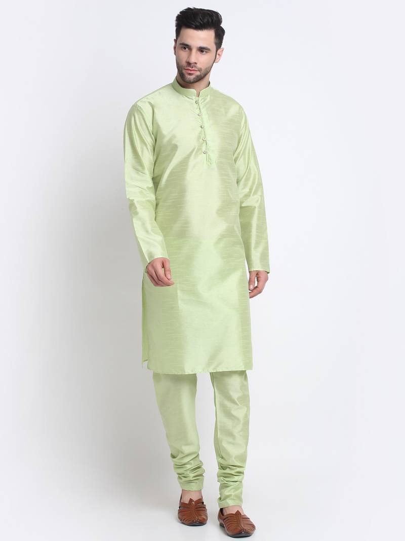 Men Sea Green Kurta & Churidar with Yellow Nehru Jacket