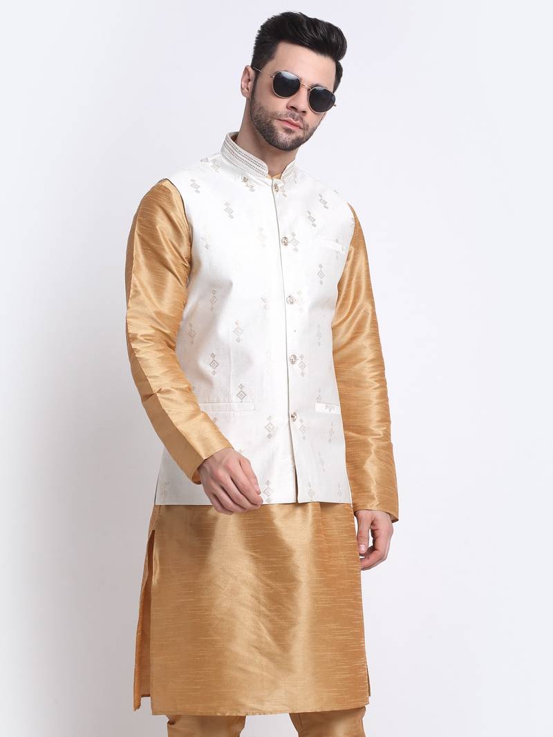 Men Gold Kurta & Churidar with Cream Nehru Jacket