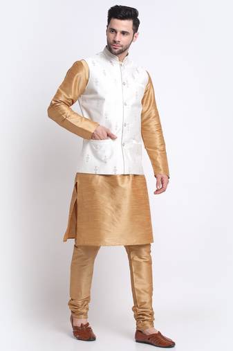 Men Gold Kurta & Churidar with Cream Nehru Jacket