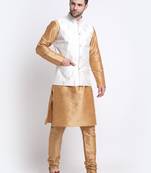 Men Gold Kurta & Churidar with Cream Nehru Jacket