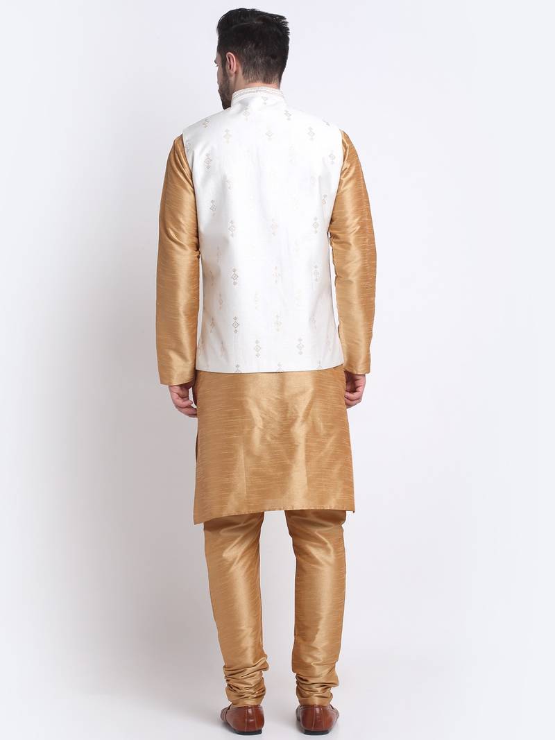 Men Gold Kurta & Churidar with Cream Nehru Jacket