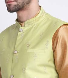 Men Gold Kurta & Churidar with Green Nehru Jacket