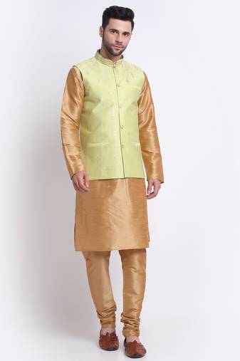 Men Gold Kurta & Churidar with Green Nehru Jacket