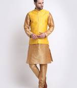 Men Gold Kurta & Churidar with Yellow Nehru Jacket
