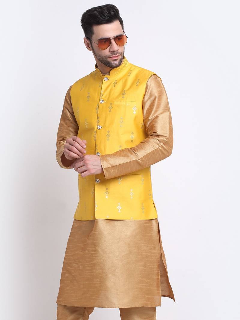 Men Gold Kurta & Churidar with Yellow Nehru Jacket