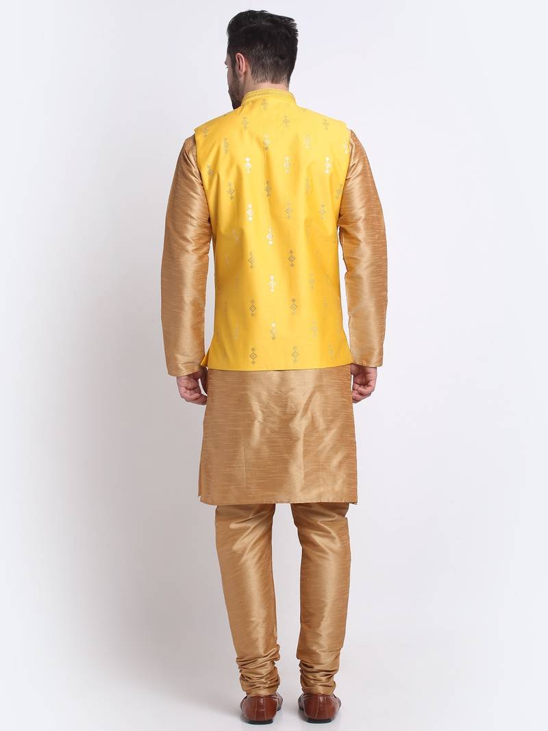 Men Gold Kurta & Churidar with Yellow Nehru Jacket