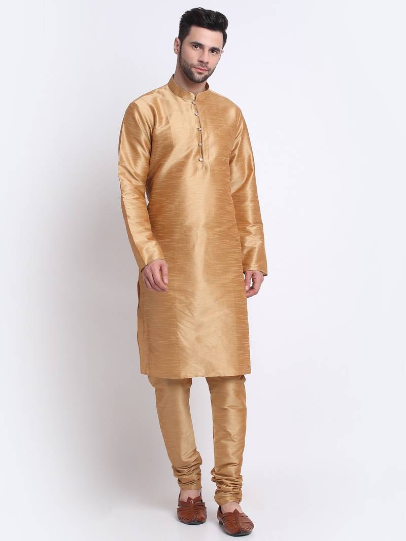 Men Gold Kurta & Churidar with Yellow Nehru Jacket