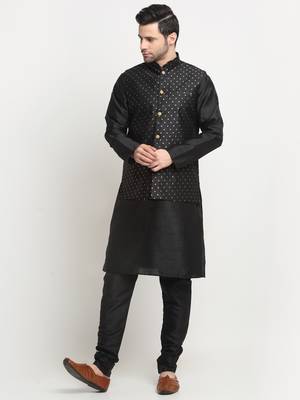 Men Silk Black Kurta Churidar With Black Polka Dotted Nehru Jacket Set 1