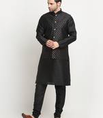 Men Silk Black Kurta Churidar With Black Polka Dotted Nehru Jacket Set
