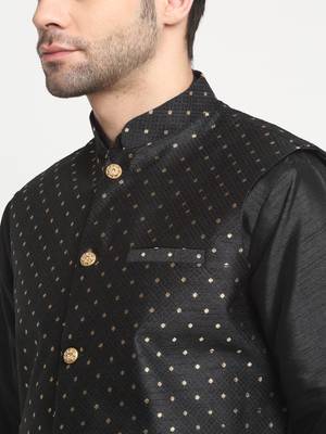 Men Silk Black Kurta Churidar With Black Polka Dotted Nehru Jacket Set 2