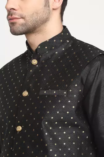 Men Silk Black Kurta Churidar With Black Polka Dotted Nehru Jacket Set