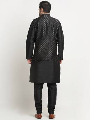 Men Silk Black Kurta Churidar With Black Polka Dotted Nehru Jacket Set 3