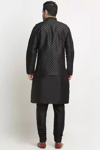 Men Silk Black Kurta Churidar With Black Polka Dotted Nehru Jacket Set